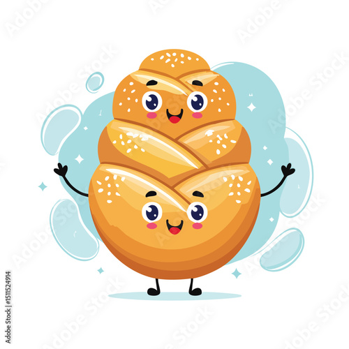 Challah in cute cartoon character style with expressive face and limbs.