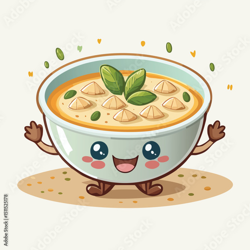 Clam Chowder in cute cartoon character style with expressive face and limbs.