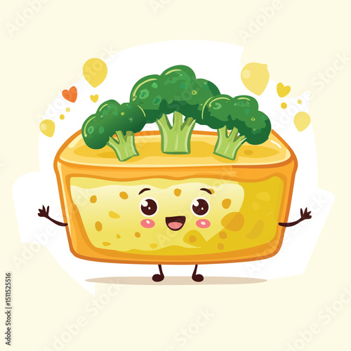 Broccoli and Cheese Casserole in cute cartoon character style with expressive face and limbs.