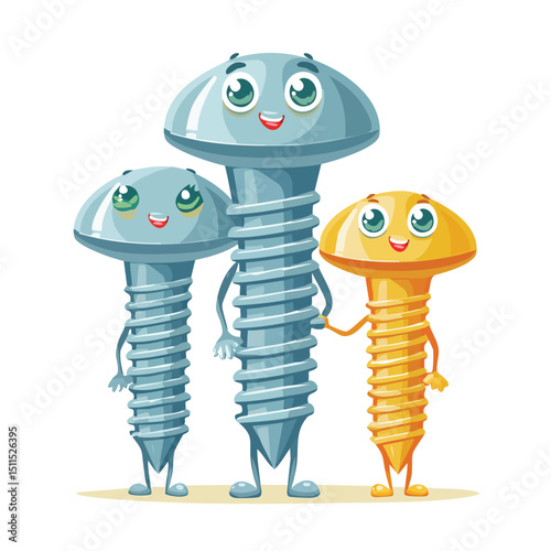 screws in cute cartoon character style with expressive face and limbs.