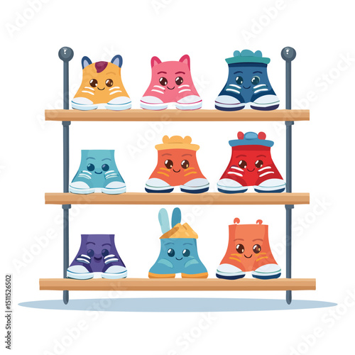 shoe rack in cute cartoon character style with expressive face and limbs.