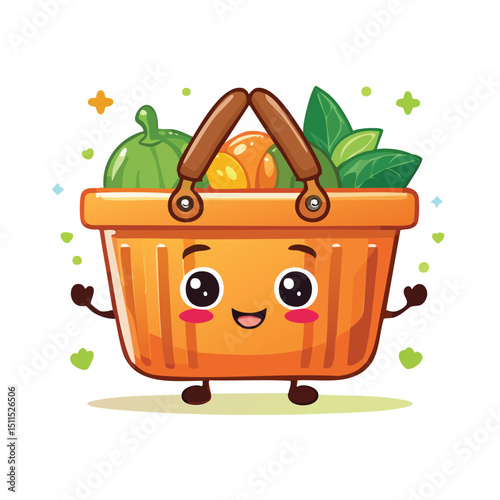 storage basket in cute cartoon character style with expressive face and limbs.