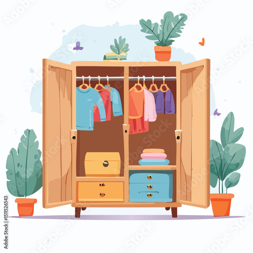 closet in cute cartoon character style with expressive face and limbs.