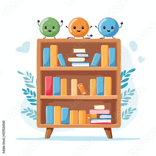 bookcase in cute cartoon character style with expressive face and limbs.