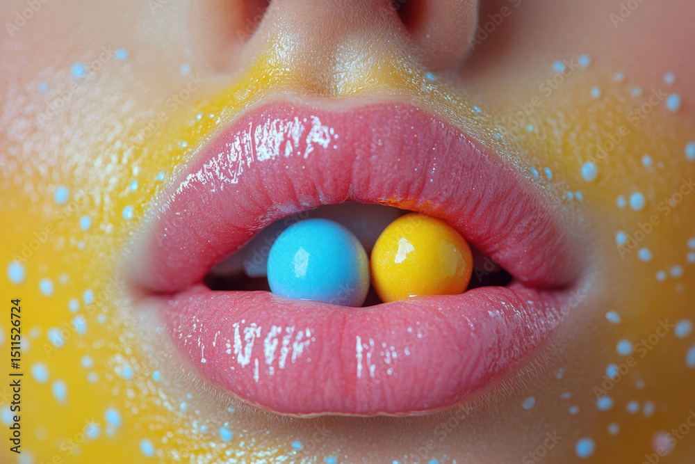 Obraz premium Person's mouth with candy inside, close-up shot.