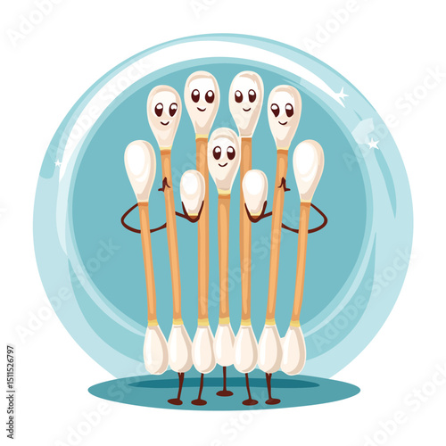 cotton swabs in cute cartoon character style with expressive face and limbs.