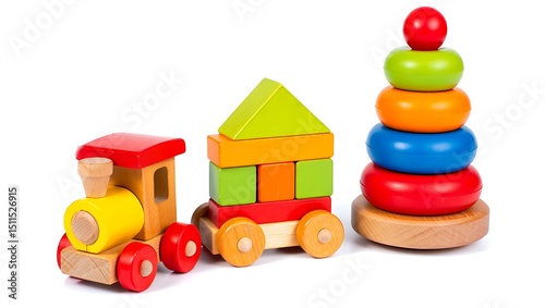 Colorful Wooden Toys Train, Blocks, Stacking Rings