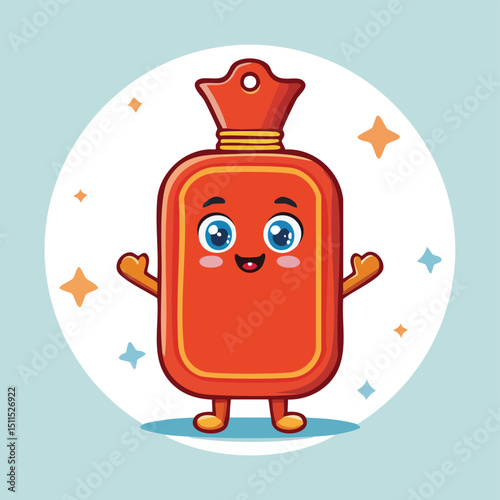 hot water bottle in cute cartoon character style with expressive face and limbs.