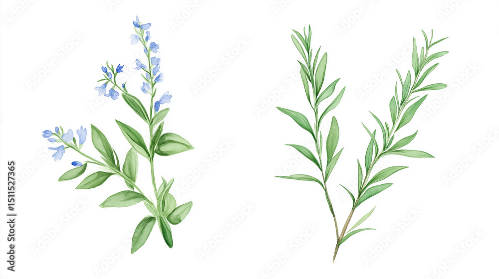 Fototapeta premium Watercolor illustration of delicate floral sprigs and green leaves with natural details