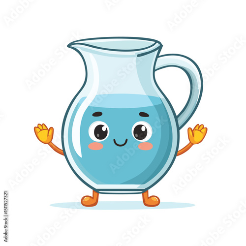 Glass pitcher in cute cartoon character style with expressive face and limbs.