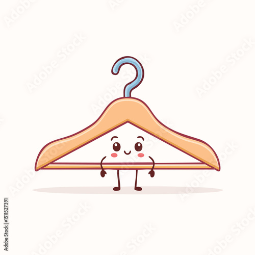 Cloth hanger in cute cartoon character style with expressive face and limbs.