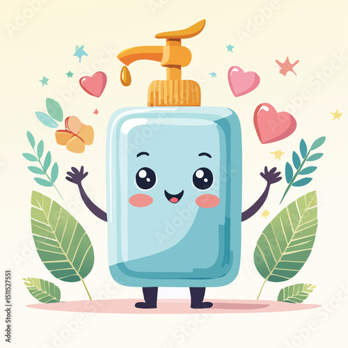 Soap dispenser in cute cartoon character style with expressive face and limbs.