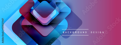 Abstract geometric layers create vibrant gradient background. Blue transitions to purple, modern design element.