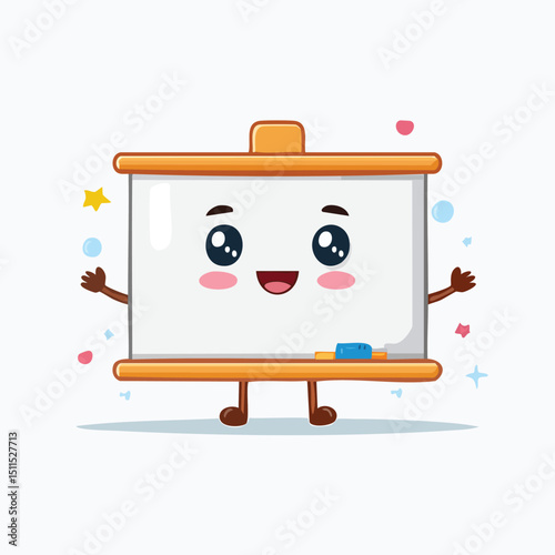 Whiteboard in cute cartoon character style with expressive face and limbs.