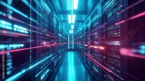 Futuristic server room with data transmission, digital information highway, connection