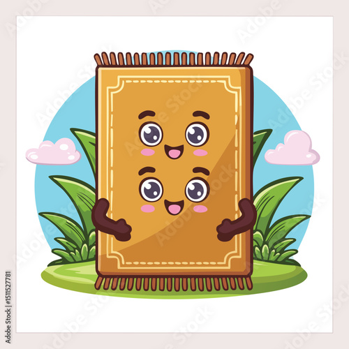 Entryway mat in cute cartoon character style with expressive face and limbs.