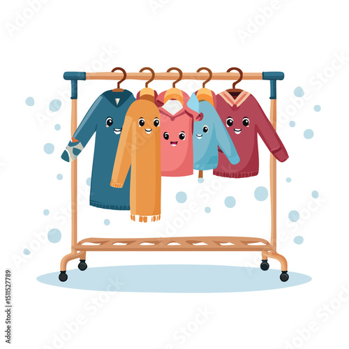 Coat rack in cute cartoon character style with expressive face and limbs.