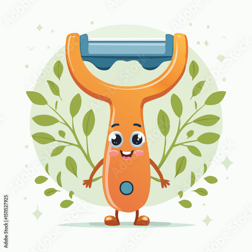 Vegetable peeler in cute cartoon character style with expressive face and limbs.