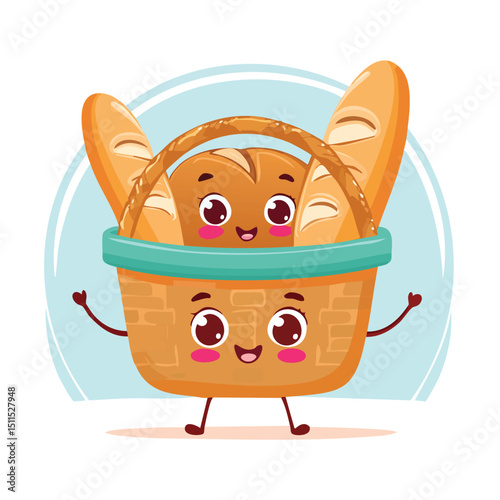 Bread basket in cute cartoon character style with expressive face and limbs.