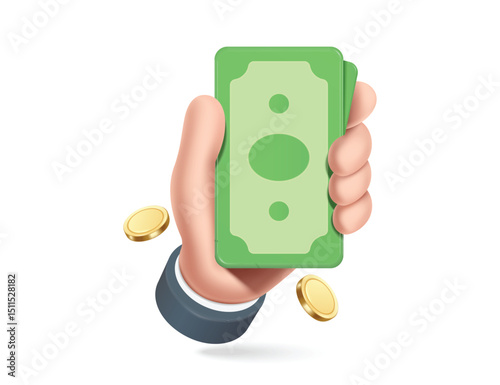 Left hand holds dollar bill and there are gold coins floating in air around it for the design of an advertisement for shopping or payment, vector 3d illustration isolated for financial concept design