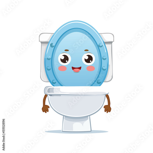 Toilet seat cover in cute cartoon character style with expressive face and limbs.