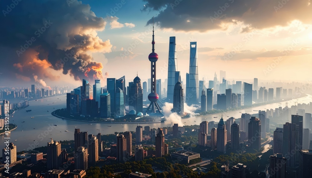 Obraz premium Devastation of Shanghai: A Tragic Look at Urban Collapse and Resilience