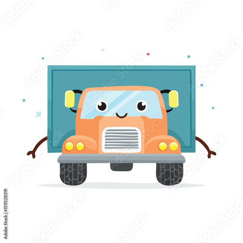 Truck in cute cartoon character style with expressive face and limbs.