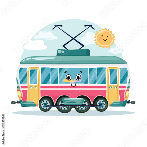 Tram in cute cartoon character style with expressive face and limbs.