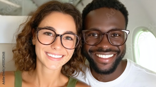 Smiling woman and man wearing glasses sitting together inside an airplane cabin photo
