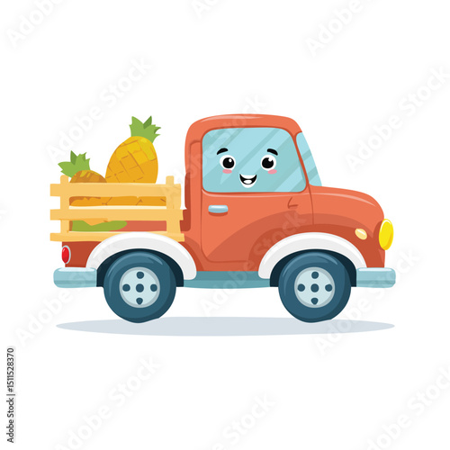 Pickup truck in cute cartoon character style with expressive face and limbs.