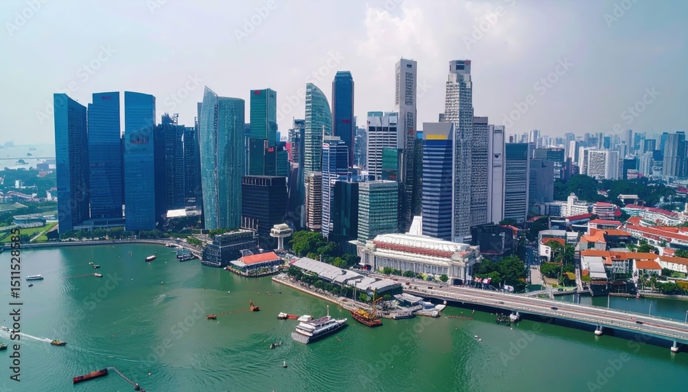 Fototapeta premium Aerial View of Singapore Skyline with Modern Architecture and Water