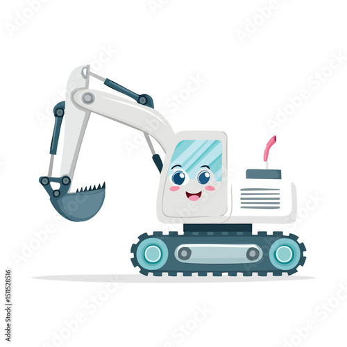 Excavator in cute cartoon character style with expressive face and limbs.