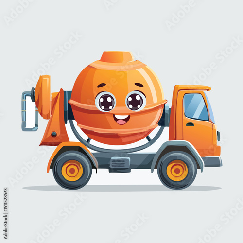 Cement mixer in cute cartoon character style with expressive face and limbs.