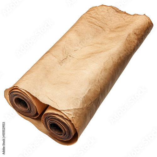 Aged parchment paper rolled into a bundle with visible texture and creases.