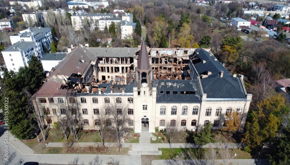 Fototapeta premium University Campus After Devastating Fire Shows Tragic Learning Environment