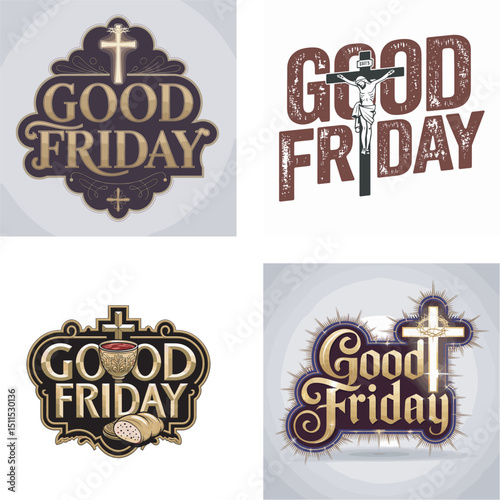 Illustrative collection of good friday designs featuring christian symbols crosses and religious typography for memorial events