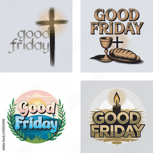 Various decorative designs representing good friday symbolism and commemoration in a religious celebration of the easter holy day.