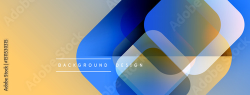 Abstract design features overlapping rounded shapes. Colors include blue, gold, beige. Modern aesthetic suitable for backgrounds.