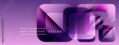 Abstract purple background features overlapping rounded squares forming letters. Text reads background design. Modern, sleek visual presentation.