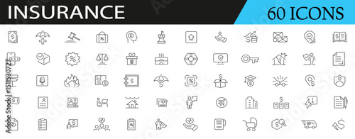 Insurance related icon collections. Containing protection, policy, coverage, safety, claim, risk, contract, shield, health, and security icons. Editable Stroke. Outline icons.
