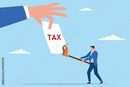 Vector illustration of a businessman burning a tax document, symbolizing a protest against high taxation, a desire for tax reform, or a rejection of the financial burden imposed by government policies