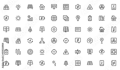 Solar Energy outline icon set. Sun power photovoltaic PV home system and renewable electric energy technology editable stroke line signs house, cell, battery, vehicle