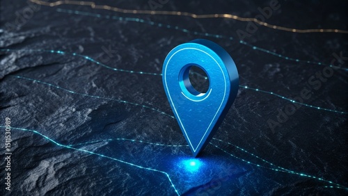 3D Render Glowing Blue Location Pin on Dark Terrain, GPS Navigation, Map, Location Service GPS, Navigation