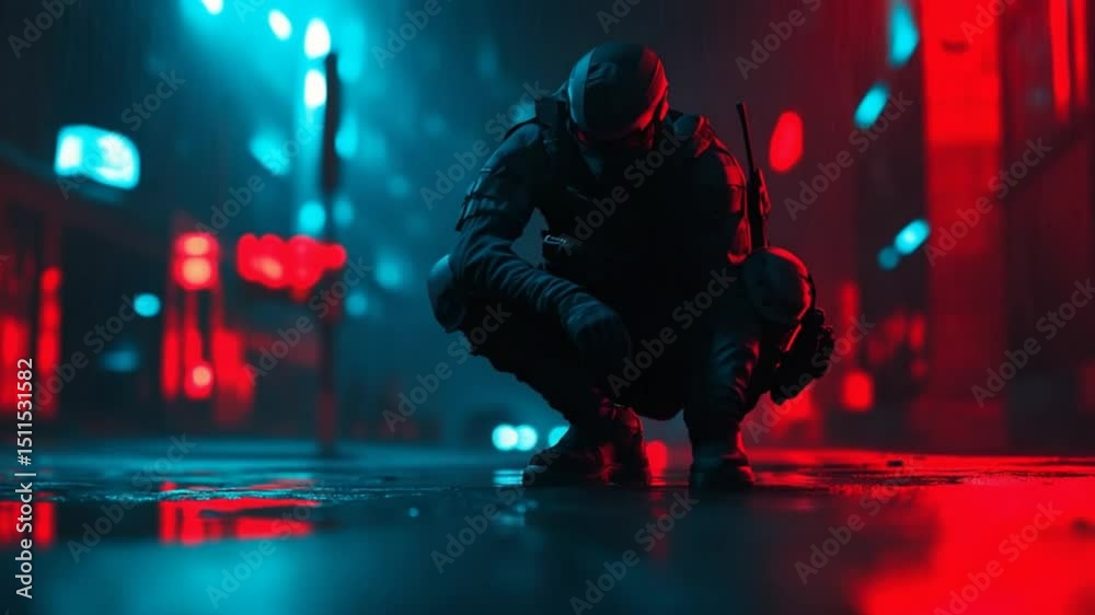 Cyberpunk Vigilante: Crouching Figure in Neon-Lit Cityscape with Tactical Gear, Urban Exploration