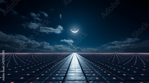 A scene featuring a pathway of shiny squares under a night sky with a cloudy aperture. The sky includes a crescent and dispersed spots of light.