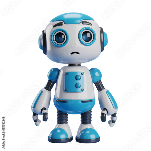 A full shot of a blue and white robot with a sad face standing on a transparent background looking forward