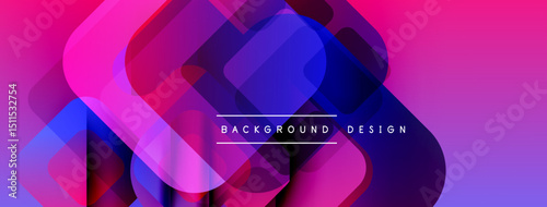 Abstract vibrant background. Overlapping rounded squares create dynamic visual effect. Pink, purple, blue hues dominate composition. Modern design element.