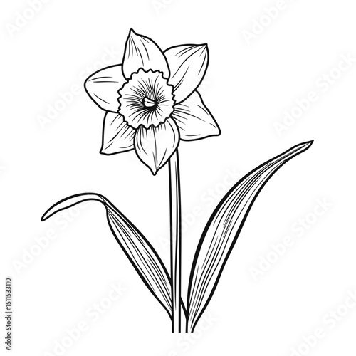 Daffodil flower illustration in outline style with green leaves  