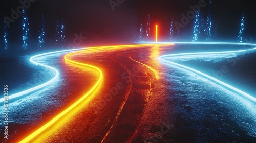 Neon path through a fantasy landscape