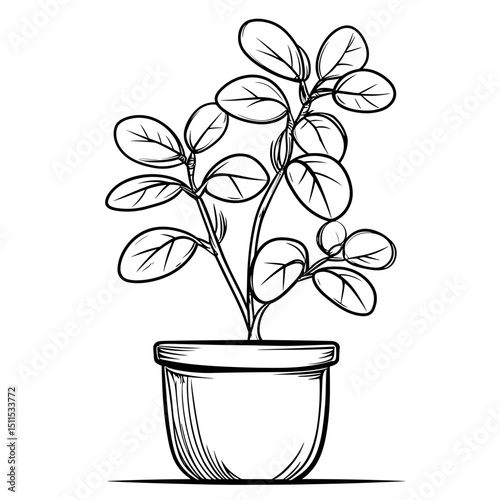Line drawing of jade plant in a pot isolated on white background  